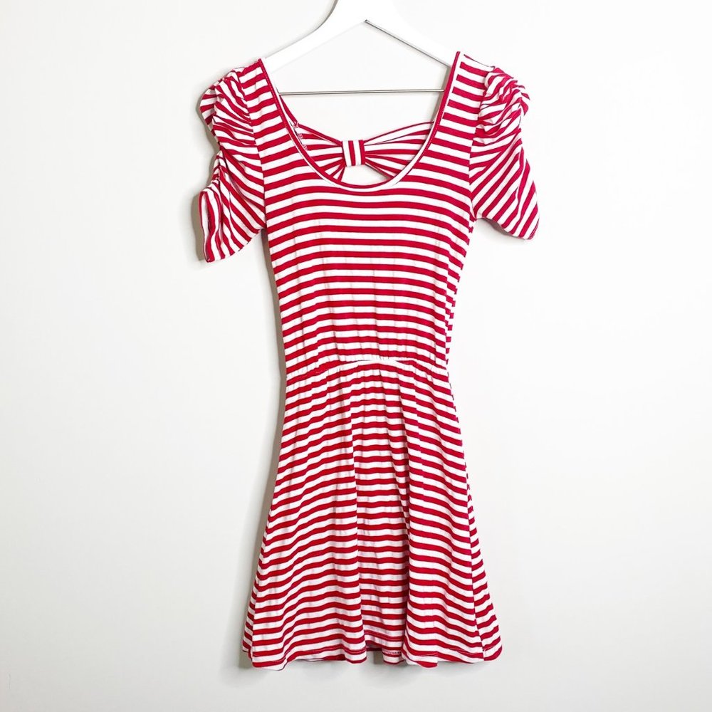 Mon Ami Red & White Stripe Bow Back Ruched Dress
